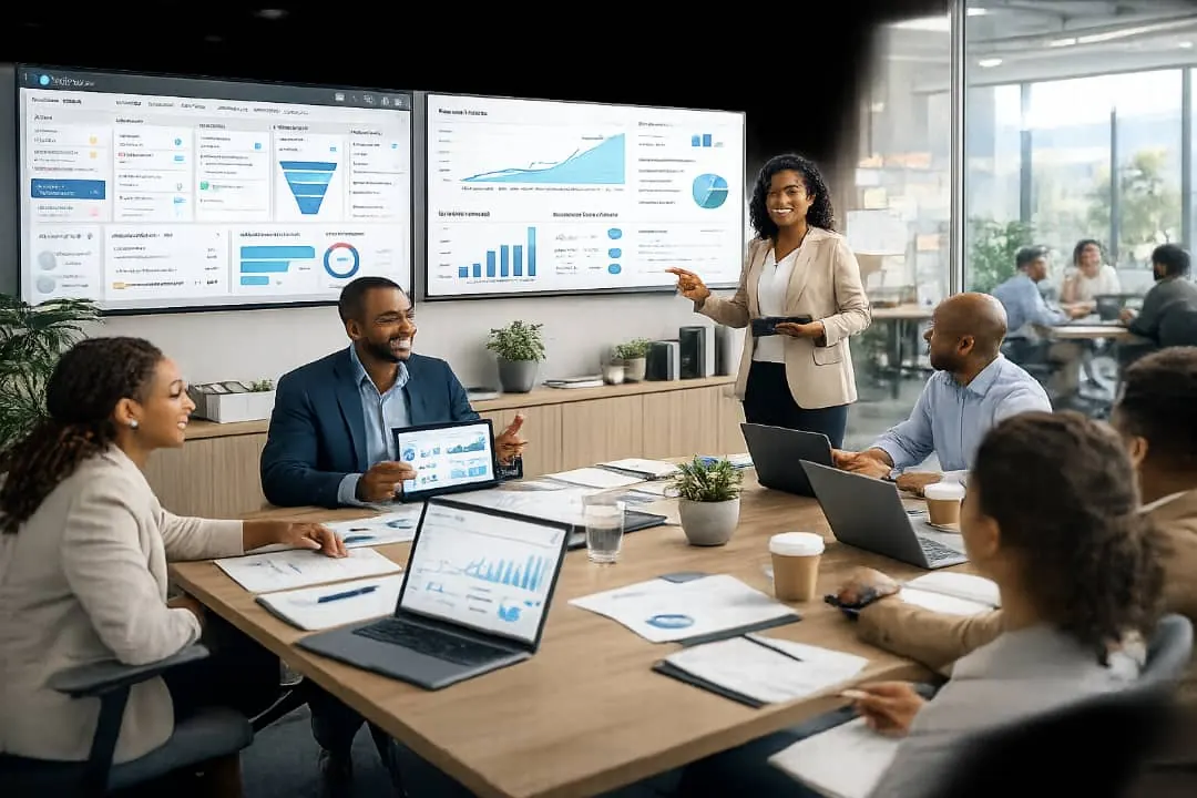 Professional team presentation and analytics meeting